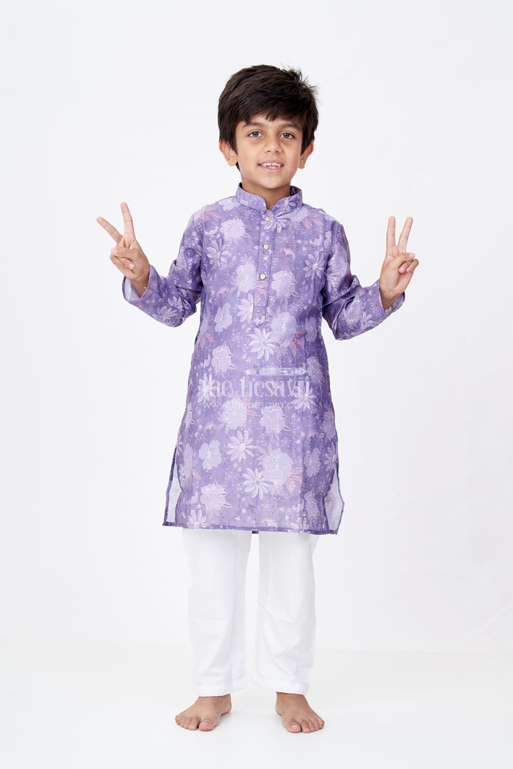 Boys Dark Purple Kurta Set in Silk Cotton with Self Embroidered Floral Digital Print and White Churidar