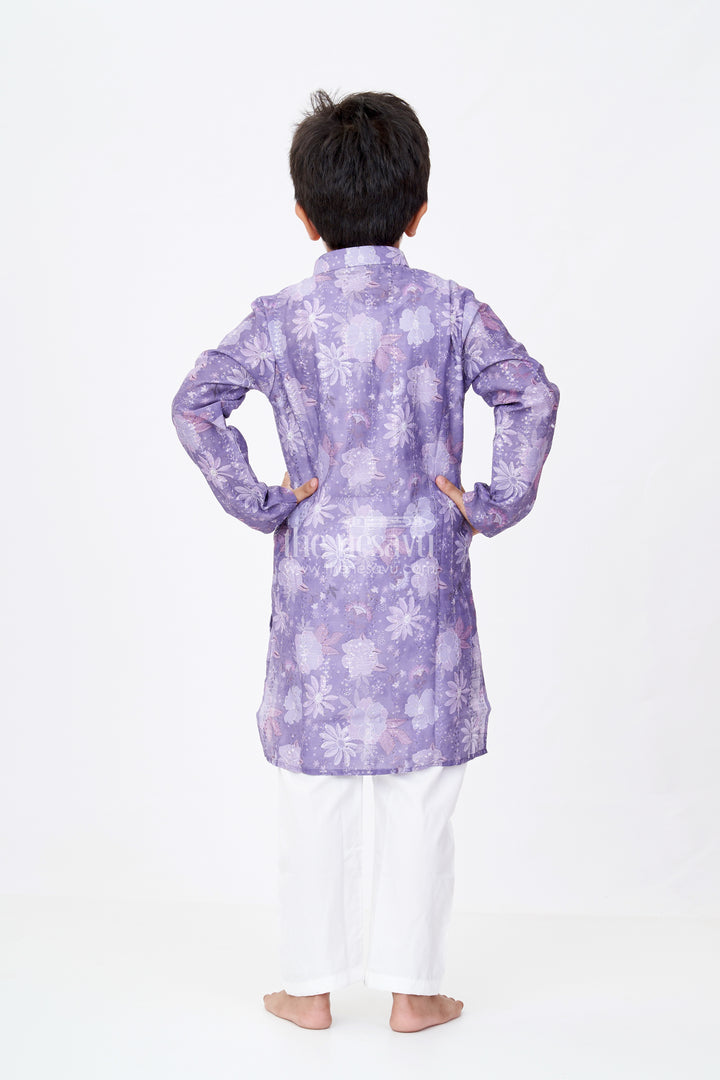 Boys Dark Purple Kurta Set in Silk Cotton with Self Embroidered Floral Digital Print and White Churidar