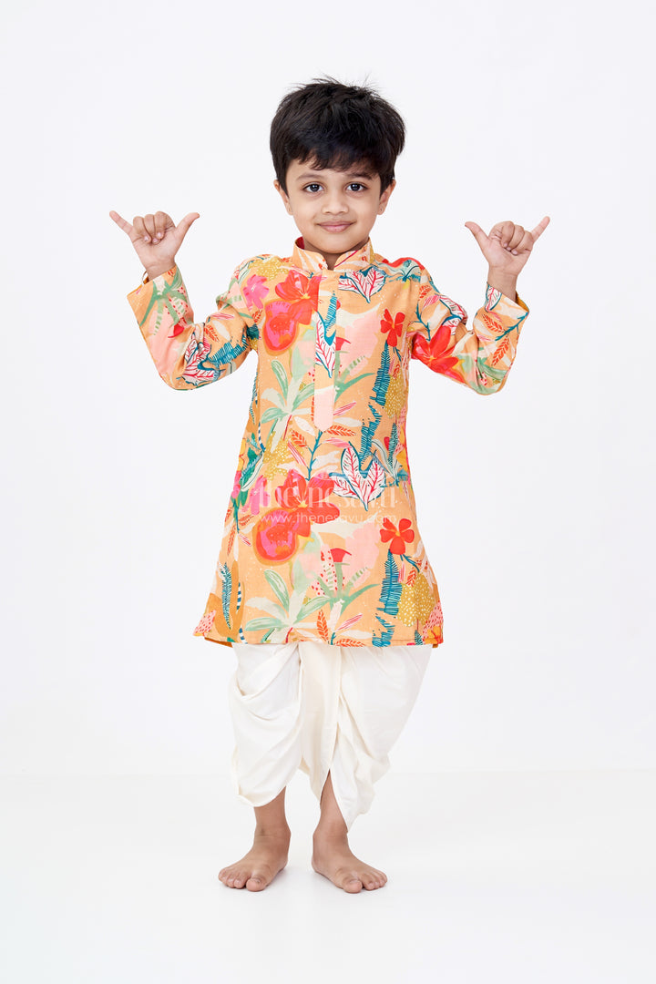 Boys Viscose Cotton Modern Dhoti Kurta Set with Colorful Floral Digital Print