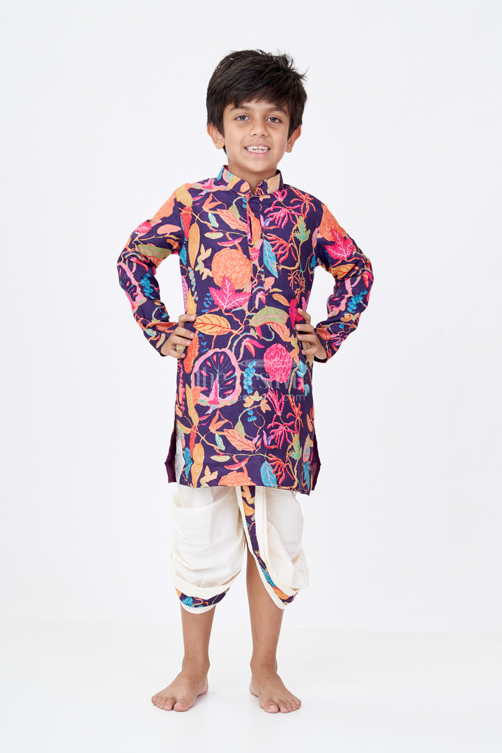 Boys Leaf Design Kurta Dhoti Set in Viscose Cotton Blend with Vibrant Multicolour Digital Print