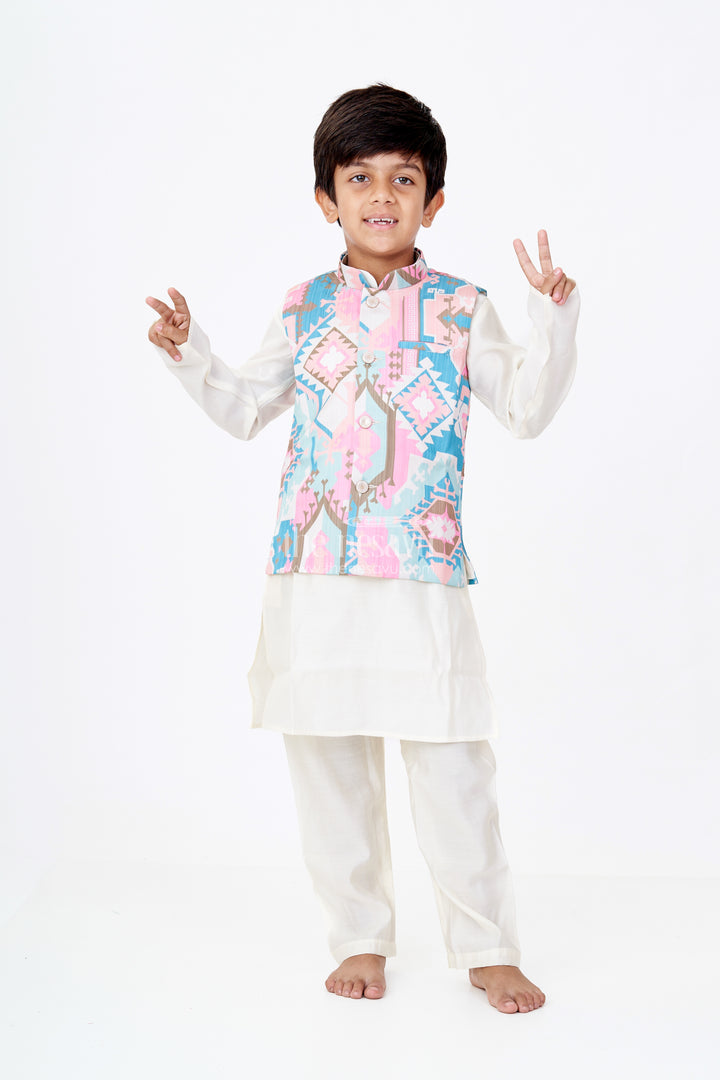 Boys Cream Color Kurta Set with Digital Print Jacket in Multicolor Geometric Motifs