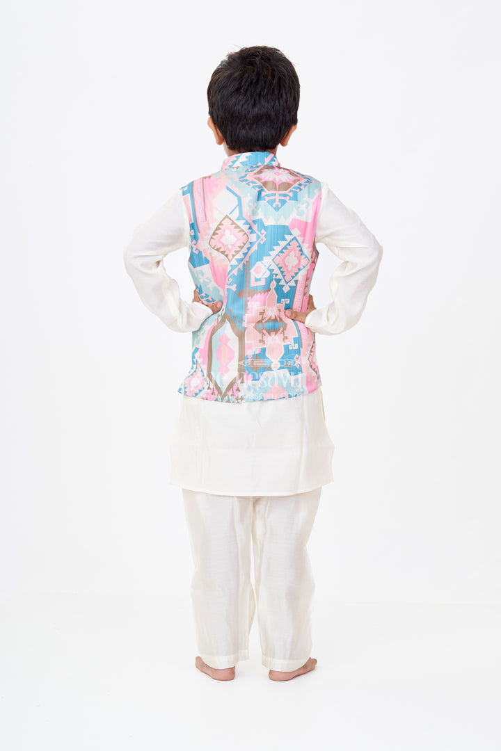 Boys Cream Color Kurta Set with Digital Print Jacket in Multicolor Geometric Motifs