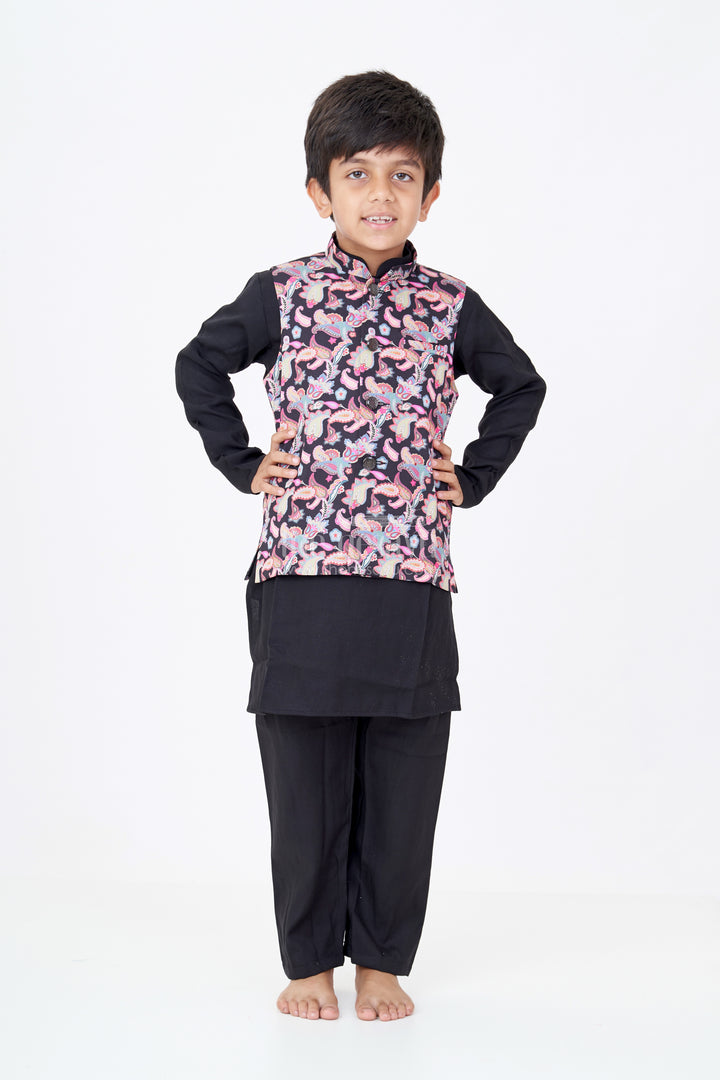 Boys Pure Black Kurta Set with Silk Blend Fabric and Vibrant Digital Printed Nehru Jacket