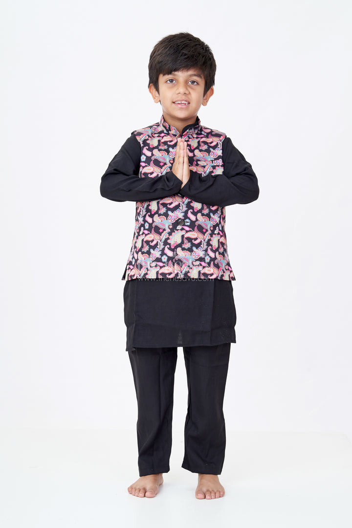 Boys Pure Black Kurta Set with Silk Blend Fabric and Vibrant Digital Printed Nehru Jacket