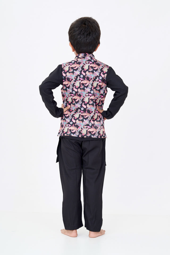 Boys Pure Black Kurta Set with Silk Blend Fabric and Vibrant Digital Printed Nehru Jacket