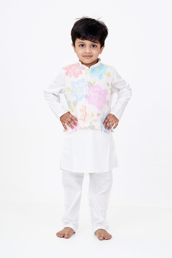 Boys Simple White Kurta Set with Sequin Floral Digital Print Jacket in Soft Silk Blend