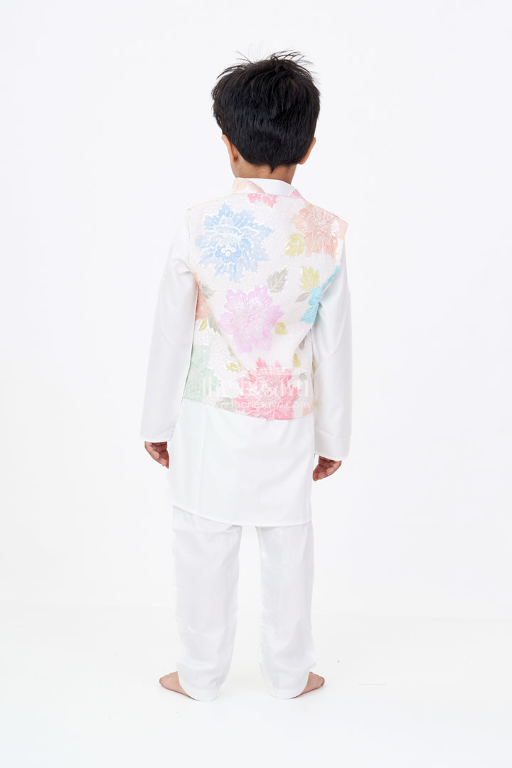 Boys Simple White Kurta Set with Sequin Floral Digital Print Jacket in Soft Silk Blend