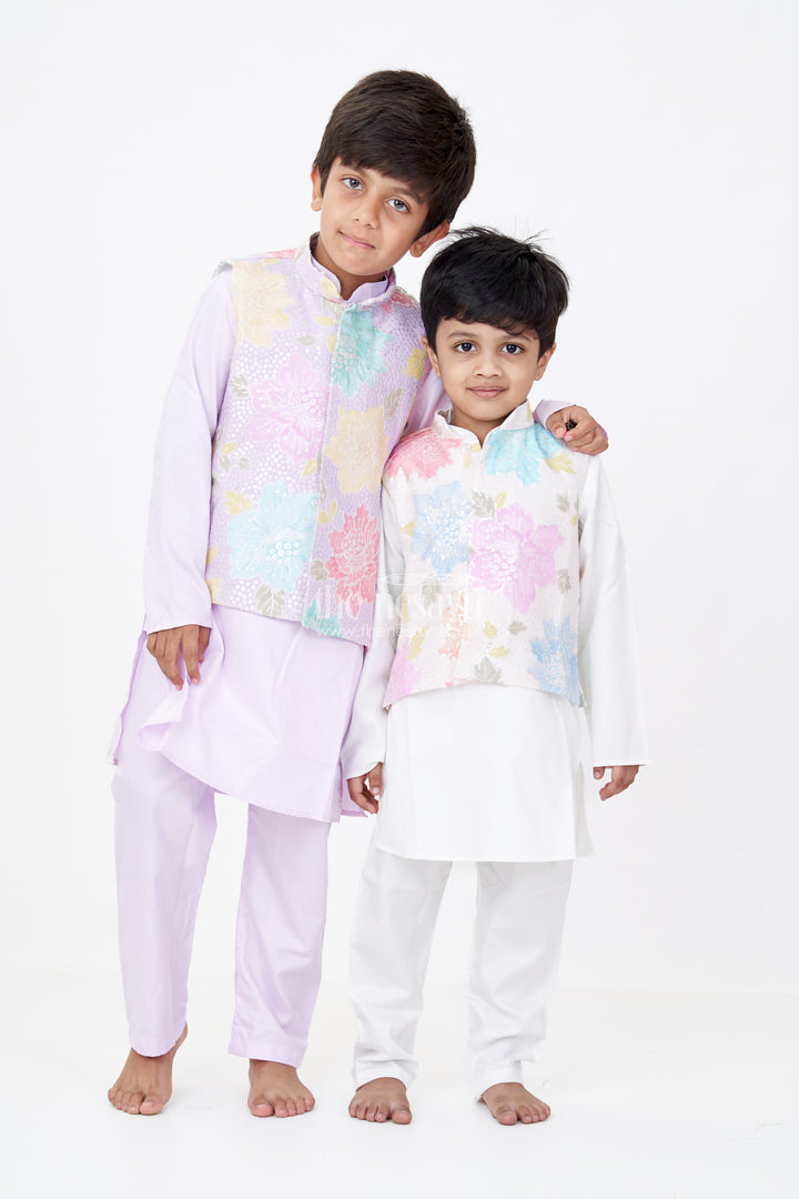 Boys Simple White Kurta Set with Sequin Floral Digital Print Jacket in Soft Silk Blend