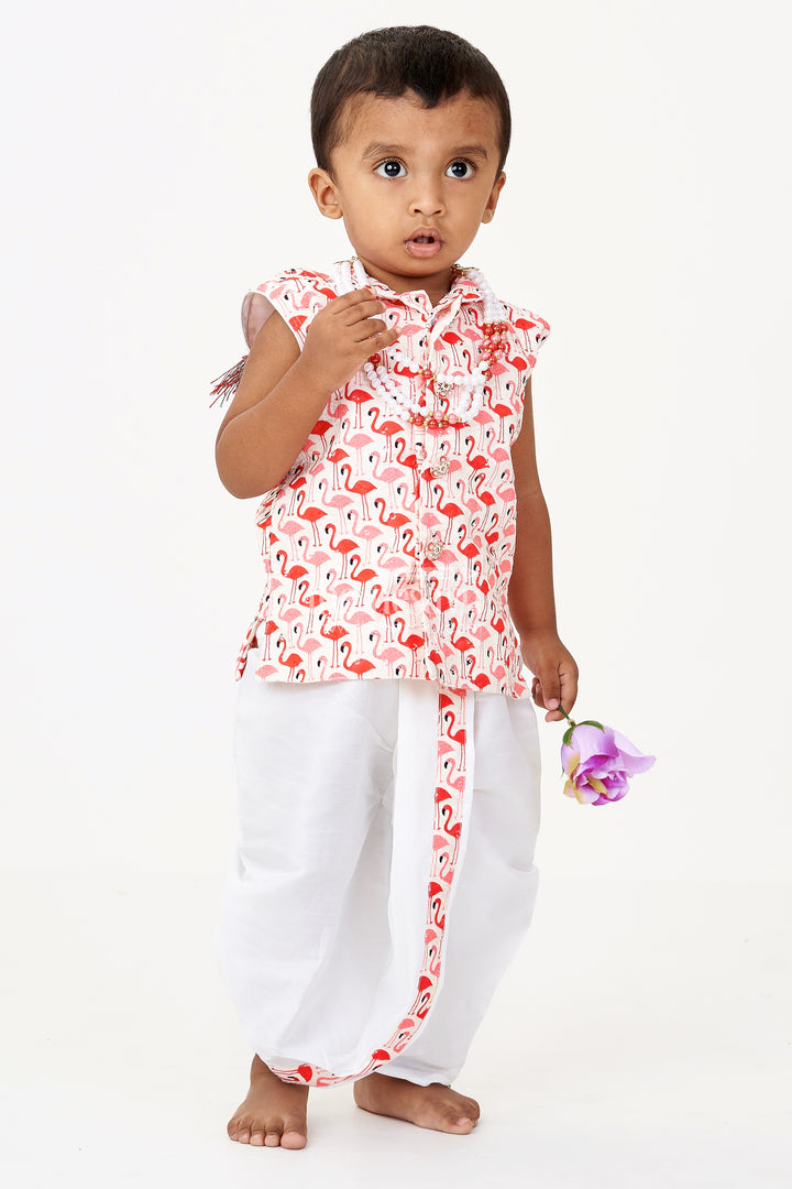 Boys White Dothi Set with Red Flamingo Print Jacket in Cotton Blend Fabric