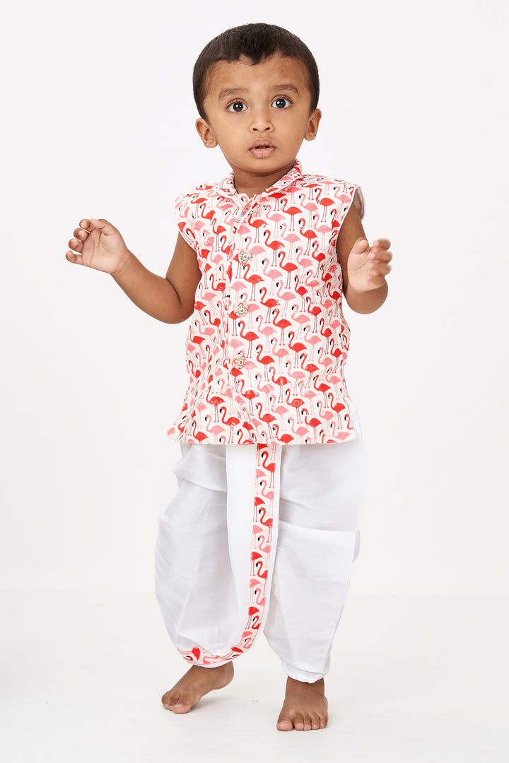 Boys White Dothi Set with Red Flamingo Print Jacket in Cotton Blend Fabric
