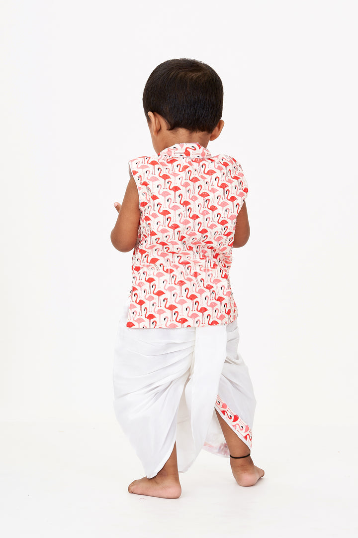Boys White Dothi Set with Red Flamingo Print Jacket in Cotton Blend Fabric