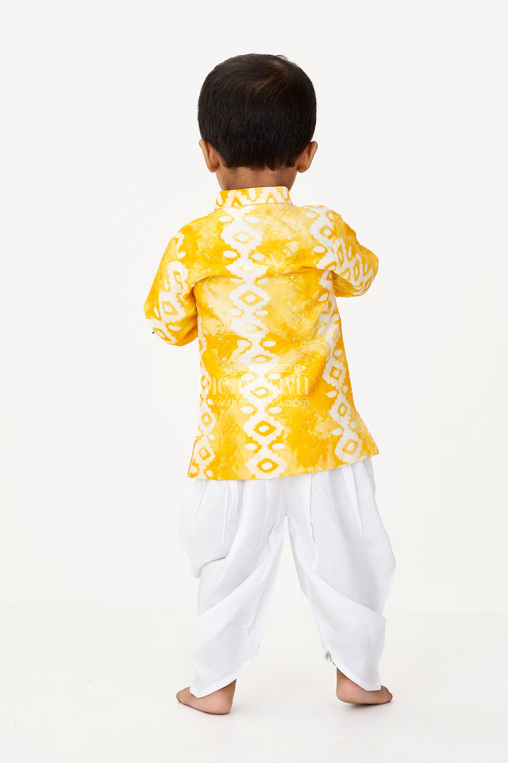 Newborn Dhoti Set in Yellow Batik Chanderi Cotton with Embroidery and Matching Accessories