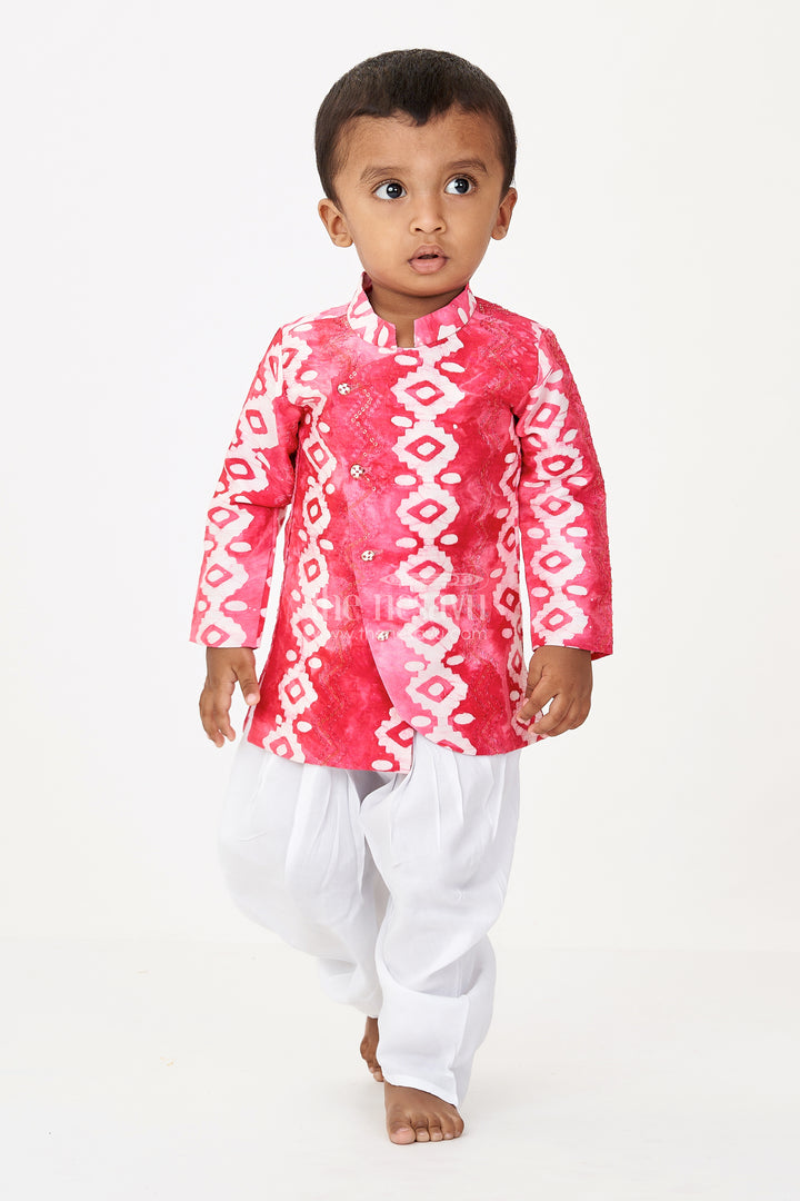Boys Ethnic Suit in Red Batik Chanderi Cotton with Sequin Embroidery and White Dhoti Bottom