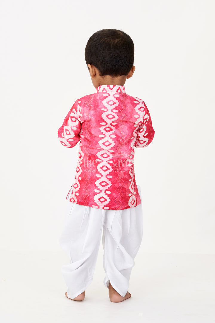 Boys Ethnic Suit in Red Batik Chanderi Cotton with Sequin Embroidery and White Dhoti Bottom