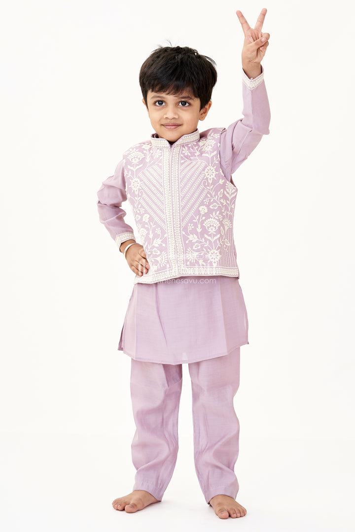 Boys Kurta with Pocket in Mauve Cotton Blend and Embroidered Thread Work Jacket