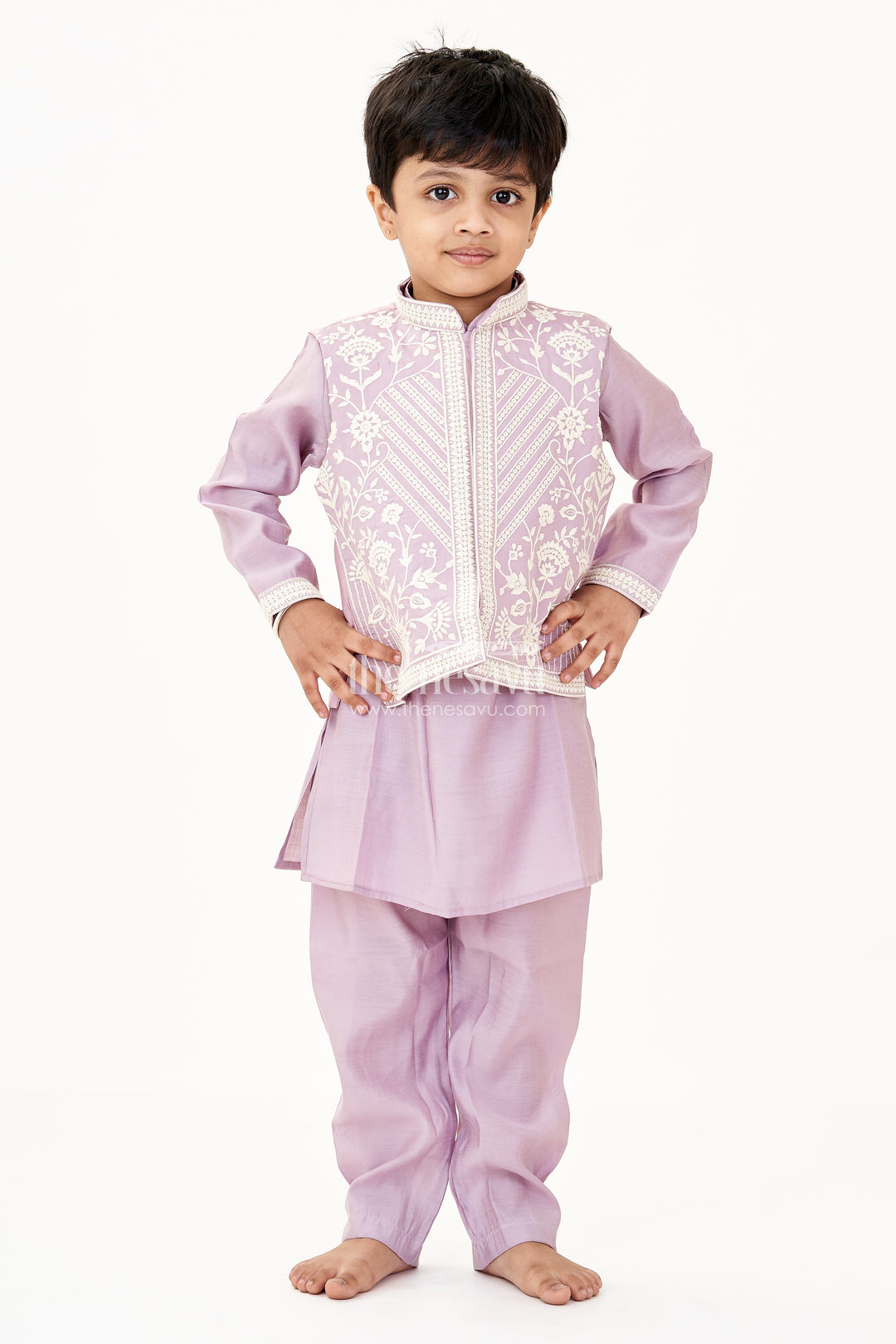 Boys Kurta with Pocket in Mauve Cotton Blend and Embroidered Thread Work Jacket
