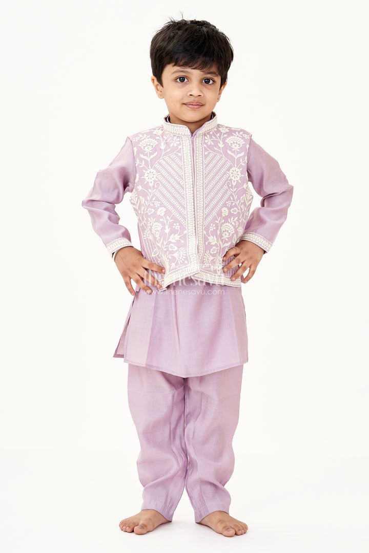 Boys Kurta with Pocket in Mauve Cotton Blend and Embroidered Thread Work Jacket