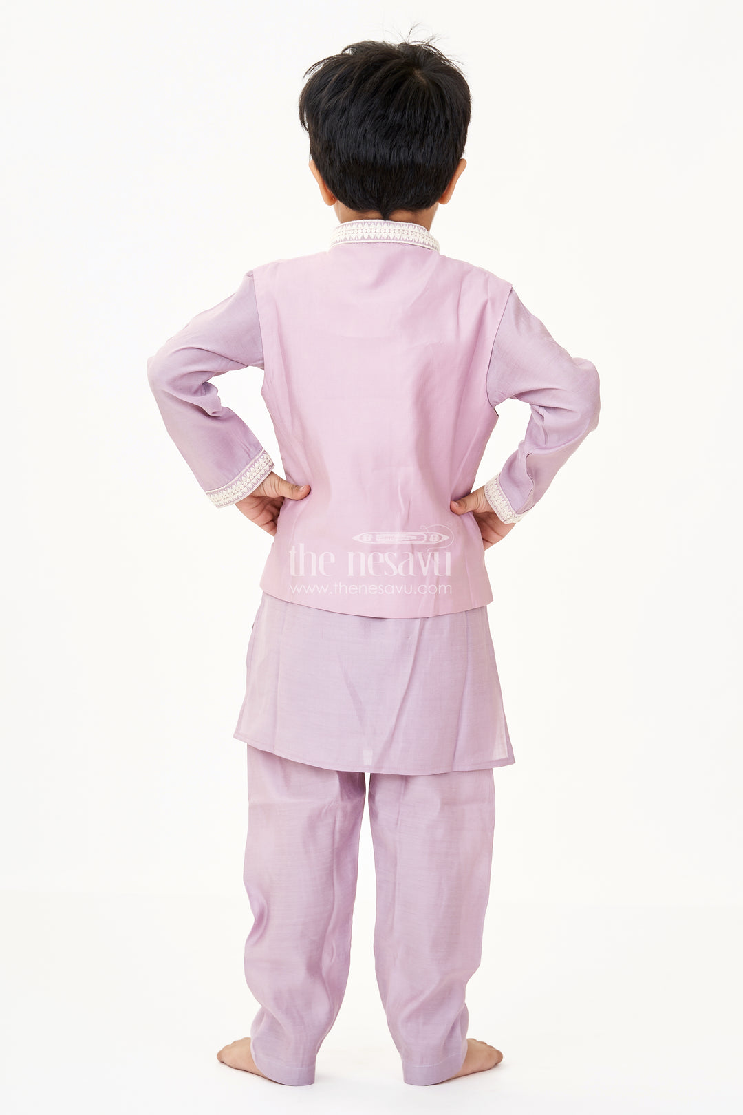Boys Kurta with Pocket in Mauve Cotton Blend and Embroidered Thread Work Jacket