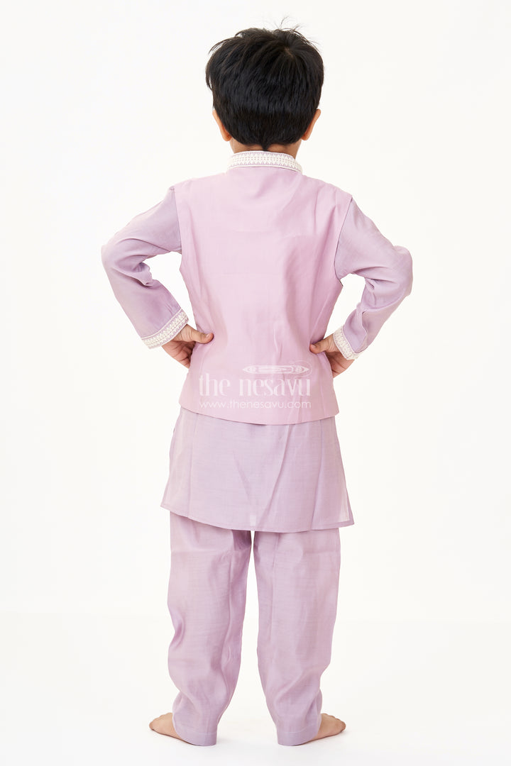 Boys Kurta with Pocket in Mauve Cotton Blend and Embroidered Thread Work Jacket