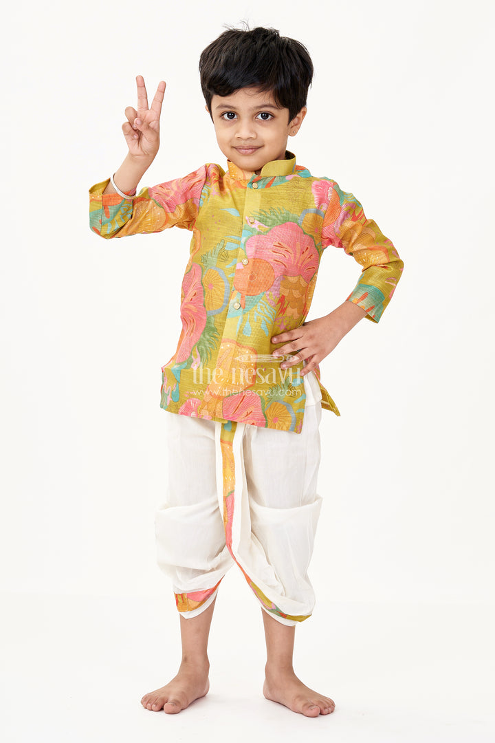 Boys Full Hand Kurta in Multicolor Digital Print with Traditional White Dhoti Set