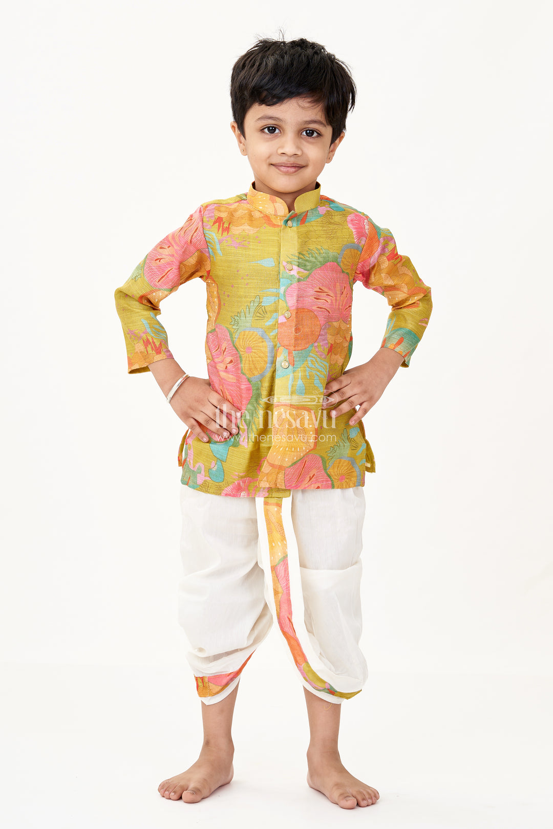 Boys Full Hand Kurta in Multicolor Digital Print with Traditional White Dhoti Set