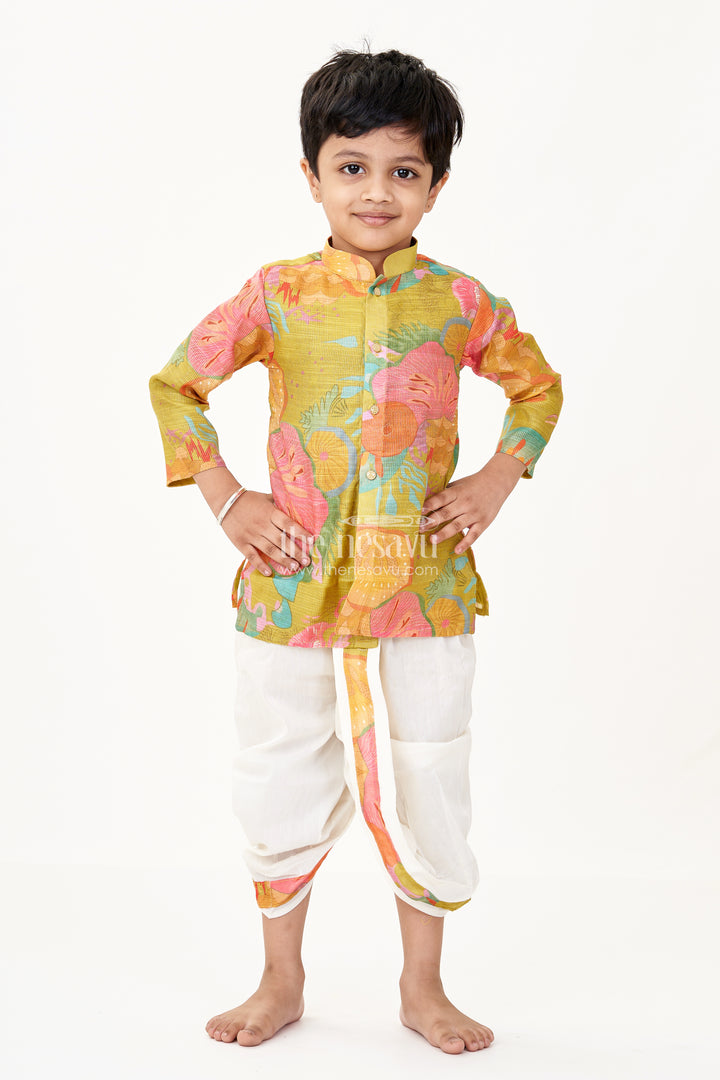 Boys Full Hand Kurta in Multicolor Digital Print with Traditional White Dhoti Set