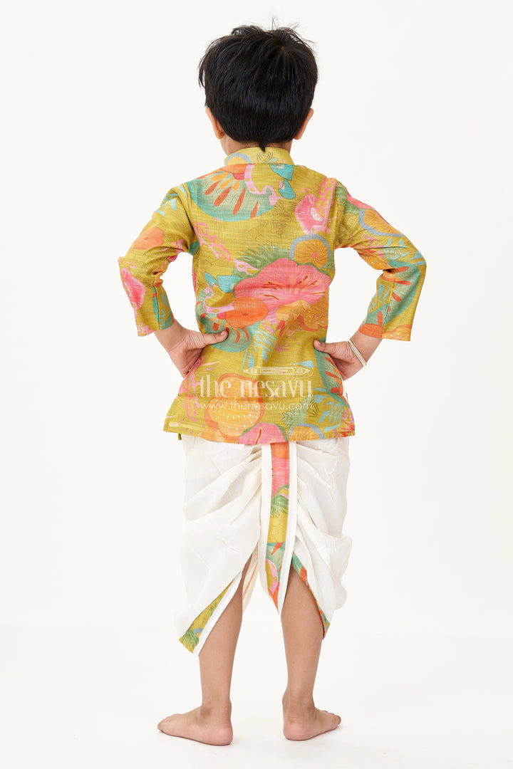 Boys Full Hand Kurta in Multicolor Digital Print with Traditional White Dhoti Set