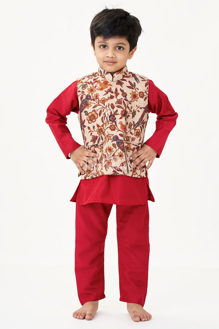 Magenta Kurta Set for Boys with Silk Blend Digital Print Jacket and Matching Pant