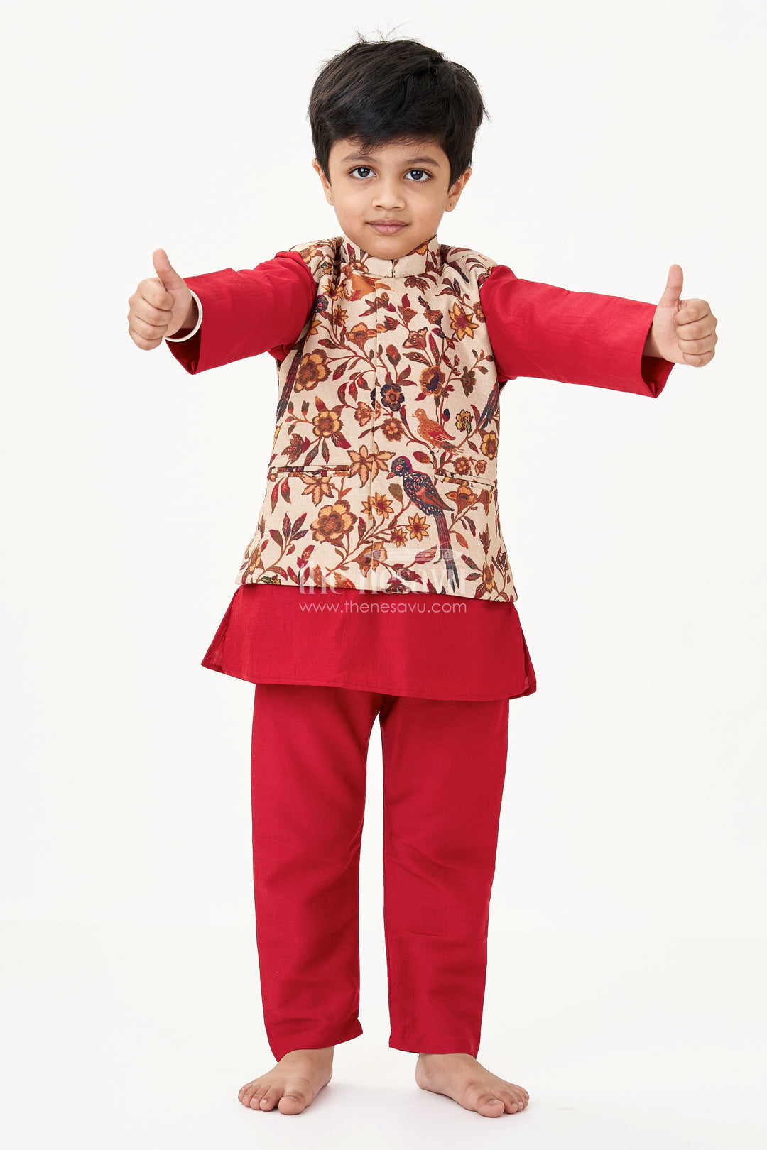 Magenta Kurta Set for Boys with Silk Blend Digital Print Jacket and Matching Pant