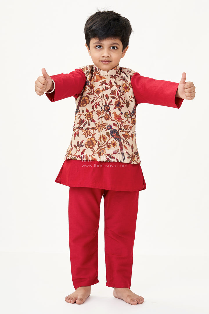 Magenta Kurta Set for Boys with Silk Blend Digital Print Jacket and Matching Pant