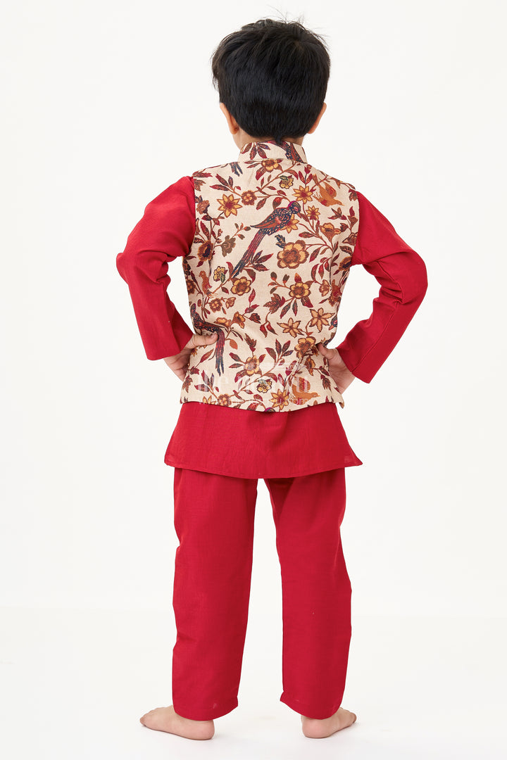 Magenta Kurta Set for Boys with Silk Blend Digital Print Jacket and Matching Pant