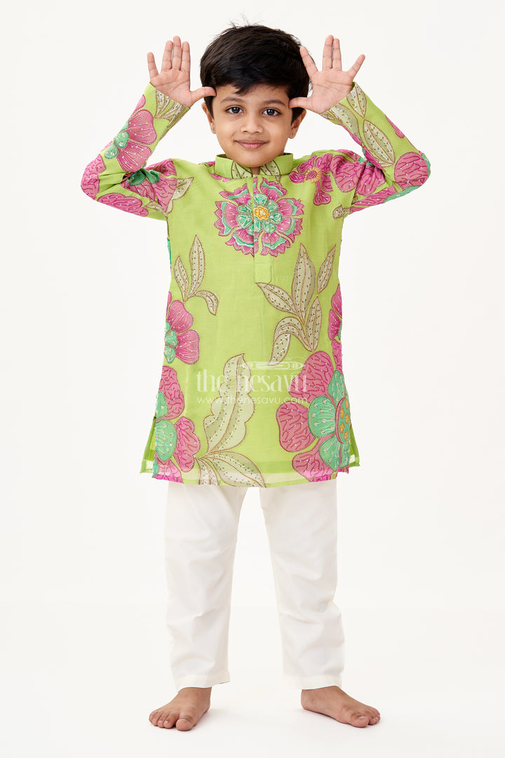 Light Green Kurta Set for Boys with Viscose Silk Digital Print and Sequin Embroidery Detailing