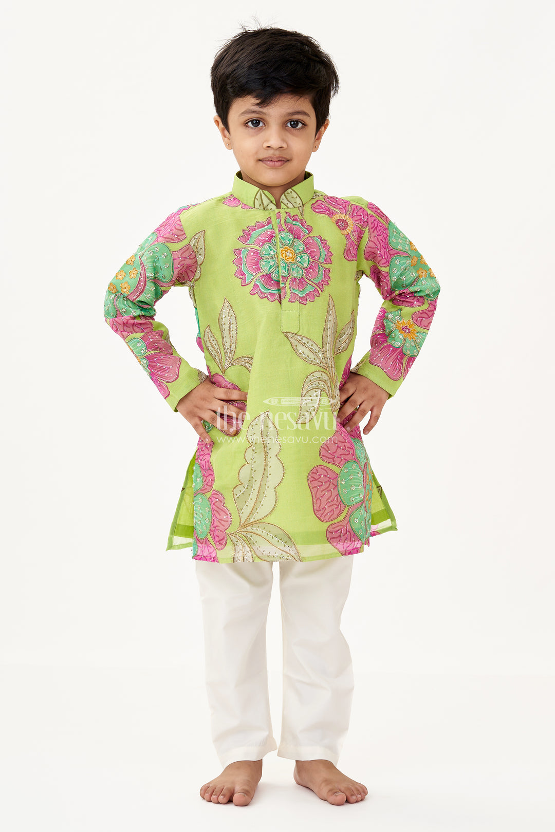 Light Green Kurta Set for Boys with Viscose Silk Digital Print and Sequin Embroidery Detailing