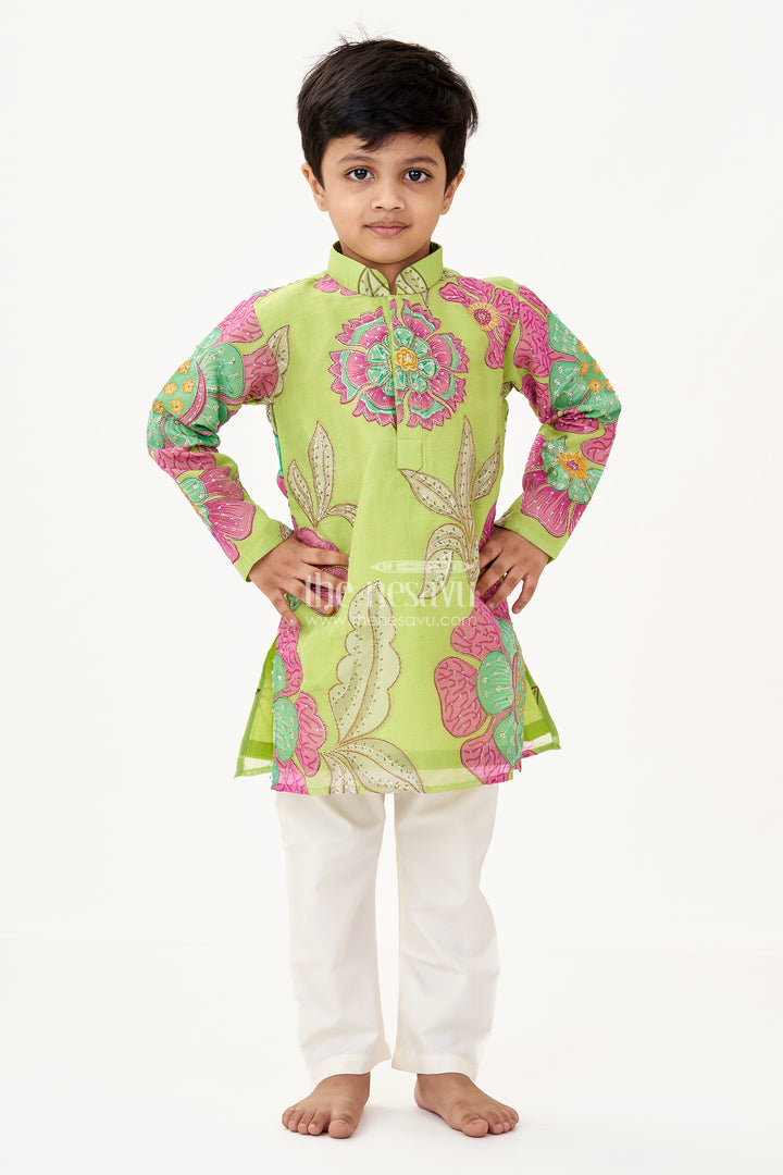 Light Green Kurta Set for Boys with Viscose Silk Digital Print and Sequin Embroidery Detailing
