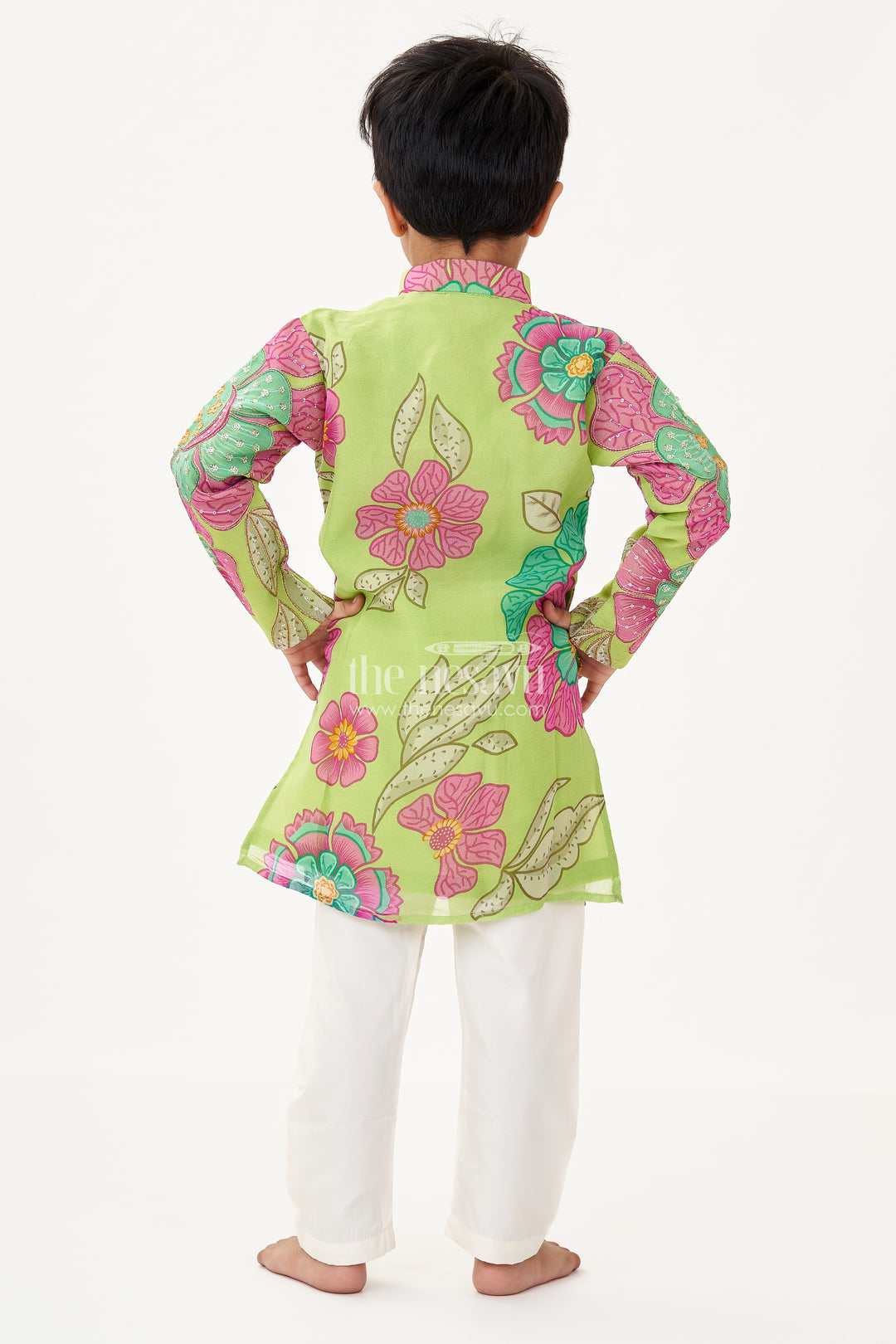 Light Green Kurta Set for Boys with Viscose Silk Digital Print and Sequin Embroidery Detailing