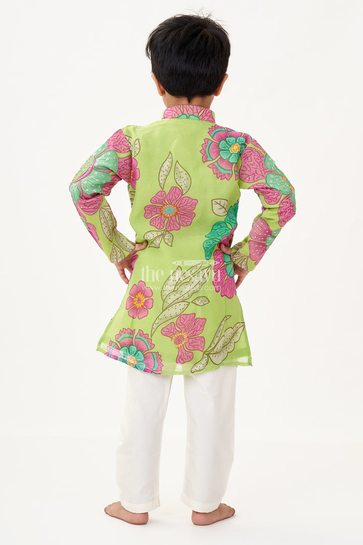 Light Green Kurta Set for Boys with Viscose Silk Digital Print and Sequin Embroidery Detailing