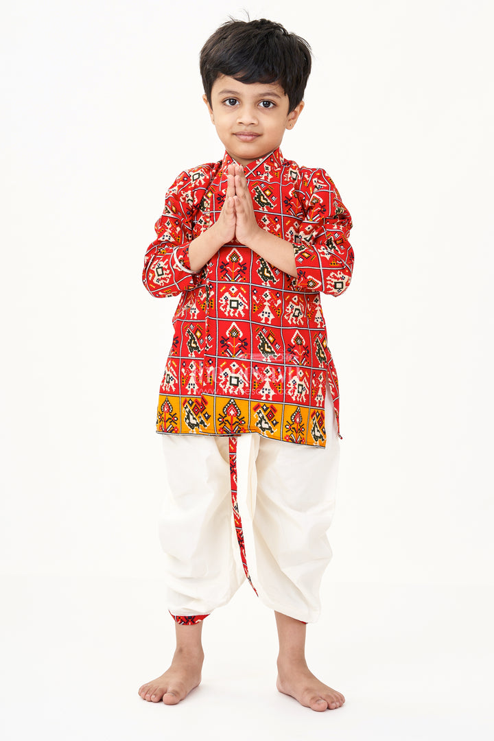 Nesavu Boys Kurta Set with Red Patola Digital Print and Cream Dhoti Pant in Viscose Blend