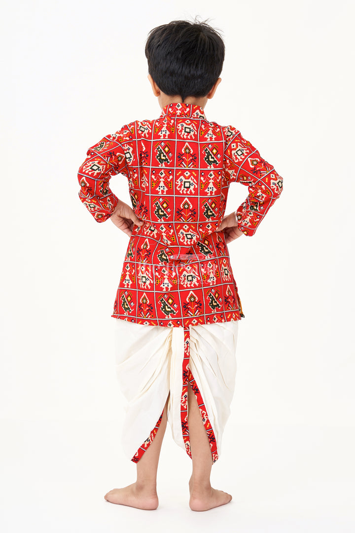 Nesavu Boys Kurta Set with Red Patola Digital Print and Cream Dhoti Pant in Viscose Blend