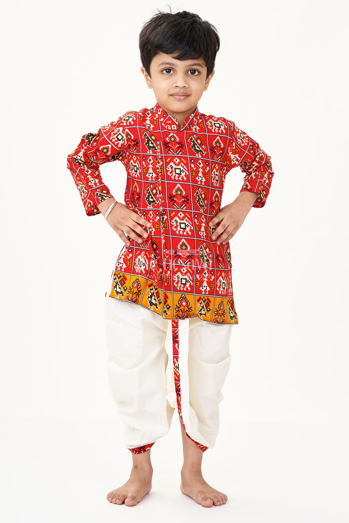 Nesavu Boys Kurta Set with Red Patola Digital Print and Cream Dhoti Pant in Viscose Blend