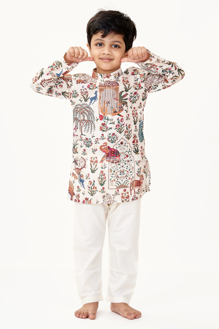 Fancy Kurta Set for Boys with Ethnic Animal and Floral Digital Prints in Silk Cotton Blend
