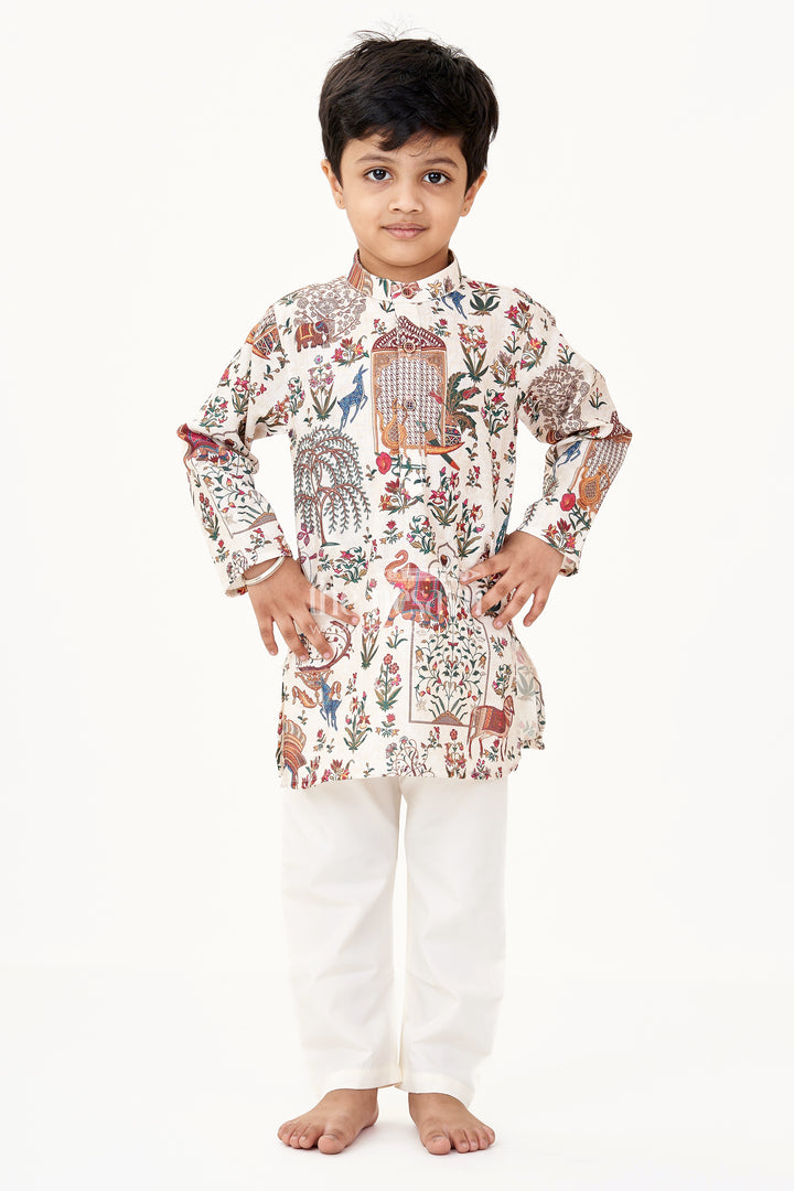 Fancy Kurta Set for Boys with Ethnic Animal and Floral Digital Prints in Silk Cotton Blend