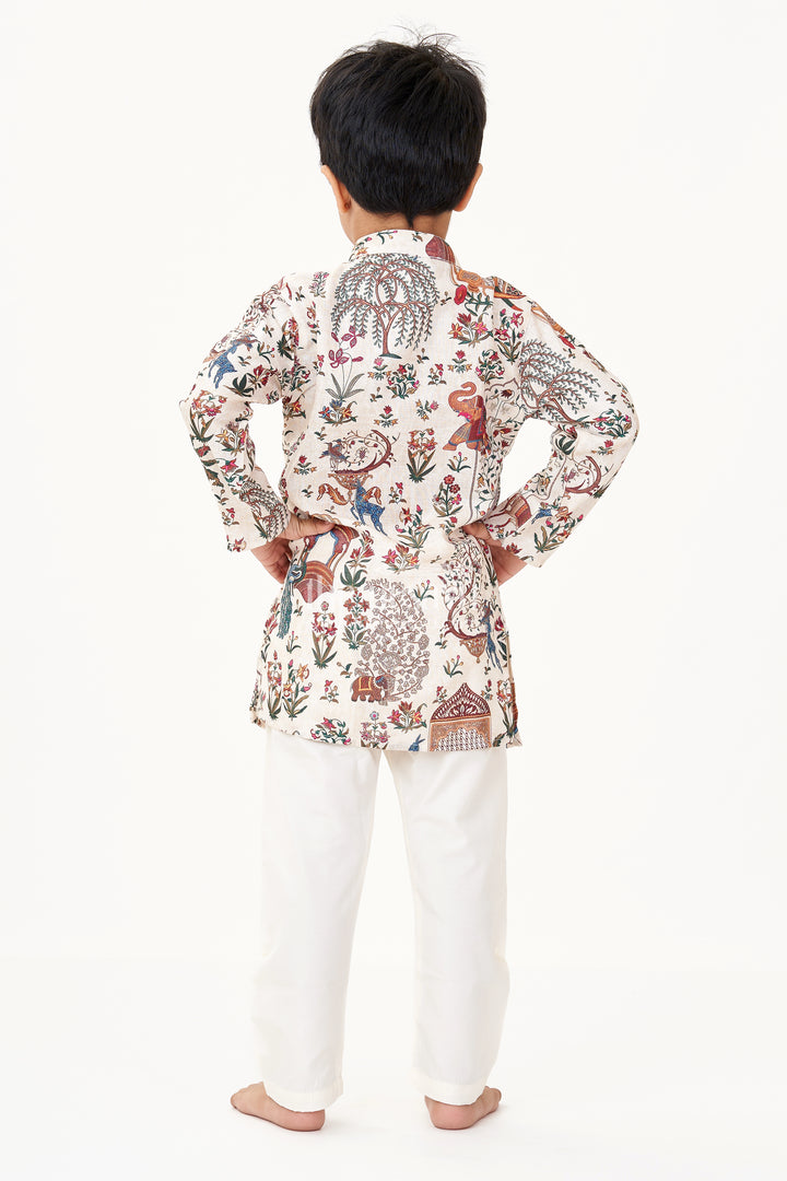 Fancy Kurta Set for Boys with Ethnic Animal and Floral Digital Prints in Silk Cotton Blend