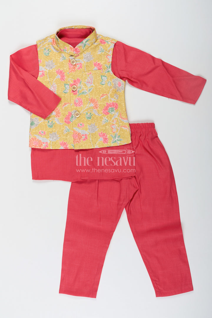 Red Kurtha Boys Jacket Set with Multicolor Printed Silk Blend Jacket and Solid Red Kurta Pants