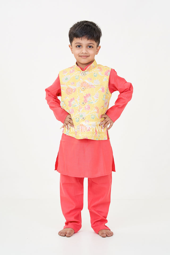 Red Kurtha Boys Jacket Set with Multicolor Printed Silk Blend Jacket and Solid Red Kurta Pants