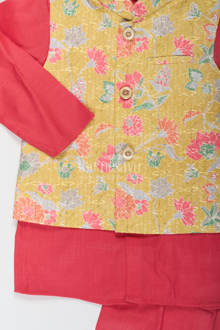 Red Kurtha Boys Jacket Set with Multicolor Printed Silk Blend Jacket and Solid Red Kurta Pants