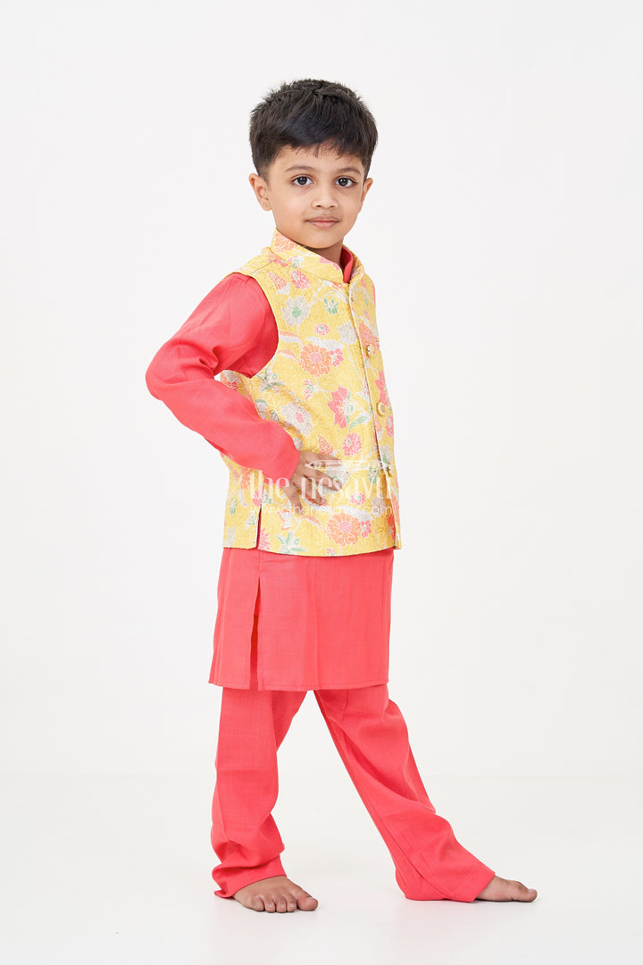 Red Kurtha Boys Jacket Set with Multicolor Printed Silk Blend Jacket and Solid Red Kurta Pants