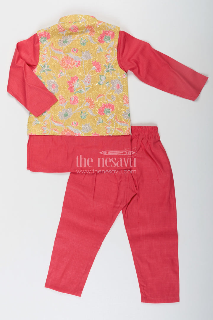 Red Kurtha Boys Jacket Set with Multicolor Printed Silk Blend Jacket and Solid Red Kurta Pants