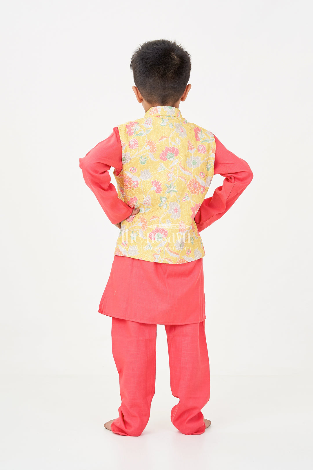 Red Kurtha Boys Jacket Set with Multicolor Printed Silk Blend Jacket and Solid Red Kurta Pants