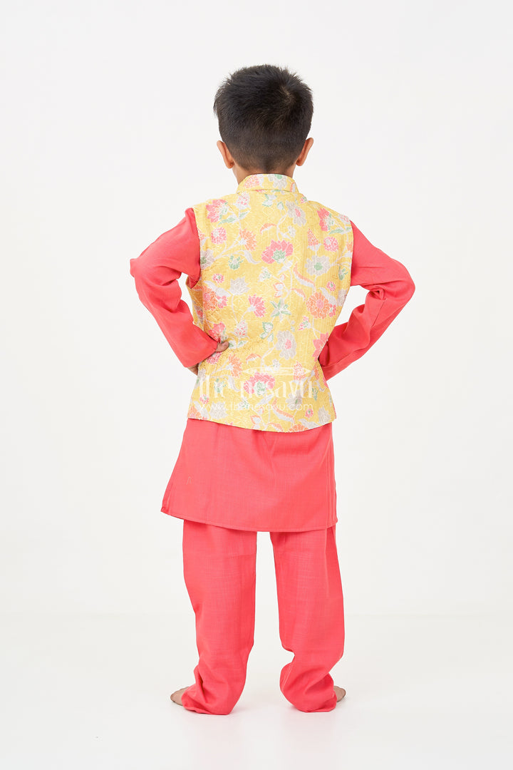 Red Kurtha Boys Jacket Set with Multicolor Printed Silk Blend Jacket and Solid Red Kurta Pants