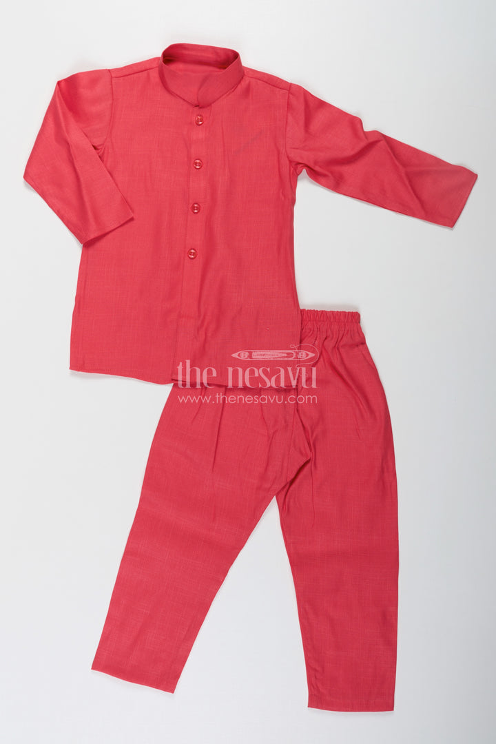 Red Kurtha Boys Jacket Set with Multicolor Printed Silk Blend Jacket and Solid Red Kurta Pants
